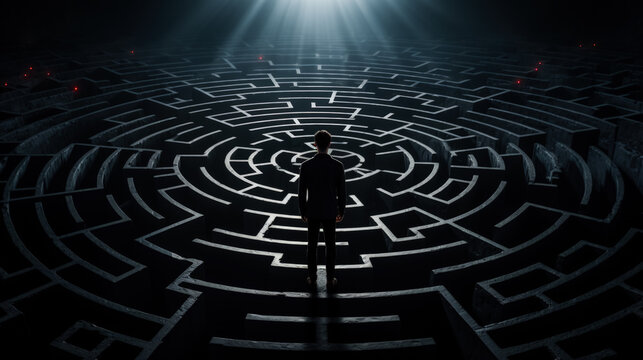 Being lost in a maze shocked face of a man dark background with a place for text 