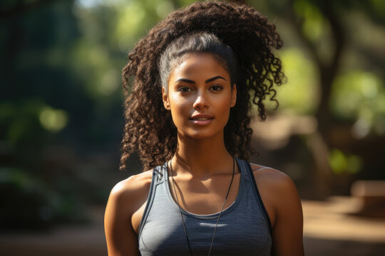 A fit lightskinned African woman trains her abs in the park. Her hair is pulled back into a ponytail and her body is covered in sweat.