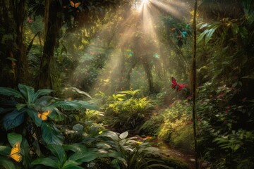 Meandering stream in lush rainforest, with filtered light and vibrant wildlife., generative IA