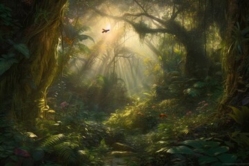 Magical rainforest: glistening stream, towering trees, curious wildlife., generative IA