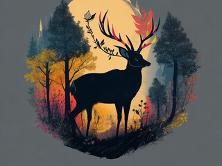  Illustration of nature with black deer. Generative AI 