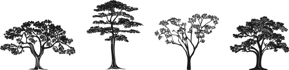 Obraz premium Tree silhouette. Four trees in different positions. Botanical plant silhouettes. Forest set in flat style. Vector illustration.