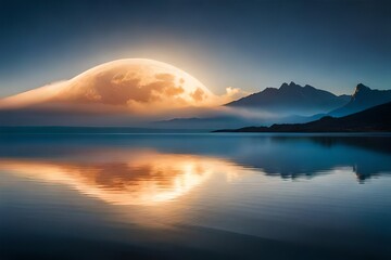 Fototapeta premium Night sky with orange moon in the clouds over the calm blue sea