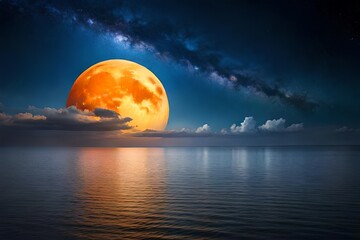 Night sky with orange moon in the clouds over the calm blue sea