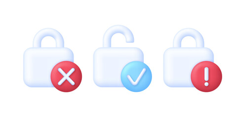 3D Set of padlock icons. Lock and unlock icons. Padlock with check, cross, exclamation marks.