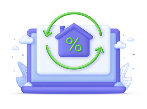 3D Mortgage refinance illustration. Home loan, mortgage, better term, debentures, property, lower interest.