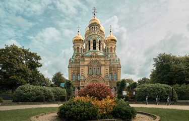 A stunning photo showcasing the St. Nicholas Russian Orthodox Naval Cathedral in Liepaja, a masterpiece of architectural and spiritual significance