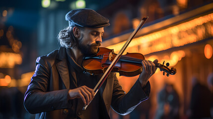 A photograph of a street musician playing the violin in a bustling city square