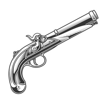 Vintage pistol. Vector illustration in engraving technique of old fashioned handgun.