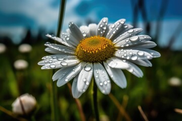 Lone daisy in green field, white petals under blue sky., generative IA