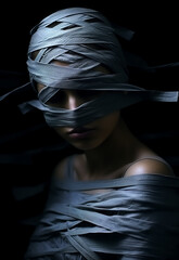 fashion model in white fabrics like mummies, disorder, patient, masked face, scary horror poster 