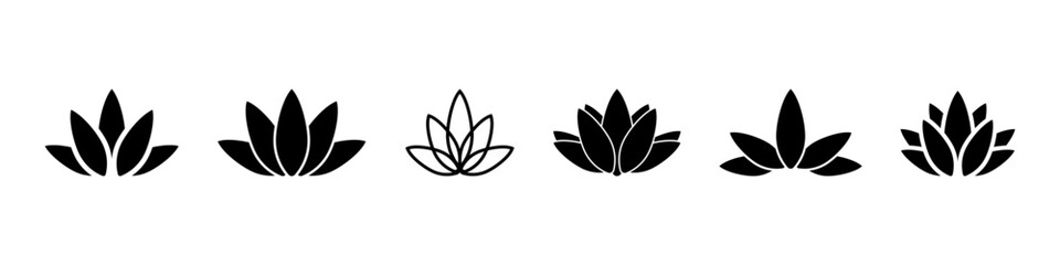 Set of lotus flowers icons. Lotus black silhouette icons. Vector illustration isolated on white background.