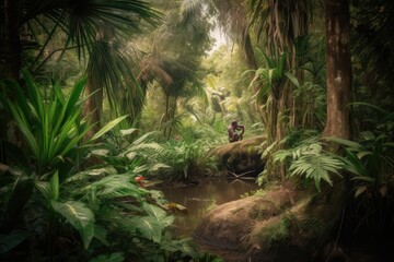 Lush jungle: plants, flowers and monkey among palm trees and vines., generative IA