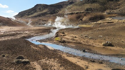 Closeup of beautiful Godafoss cascade under the blue sky in Iceland