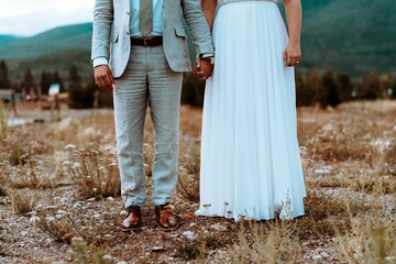 Newlywed couple standing hand-in-hand in a field.