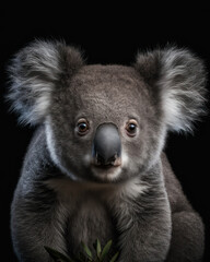 Generated photorealistic image of a sad koala on a black background