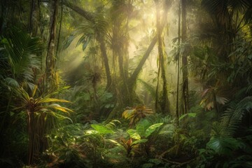 Lush rainforest with dense plants, vibrant life and soft light., generative IA