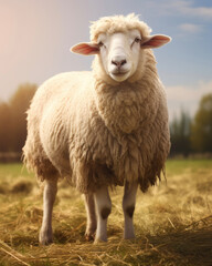 Obraz premium Generated photorealistic image of a well-groomed domestic white merino sheep in a field