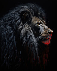 Generated photorealistic image of a black demonic lion in profile