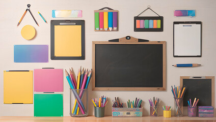 Vibrant school supplies in a studio setting, including pens, pencils, chalkboards, and books. Energetic back-to-school ambiance