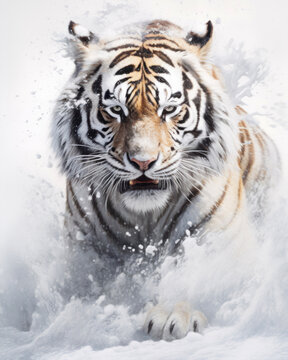 Generated photorealistic image of a wild tiger in the snow 