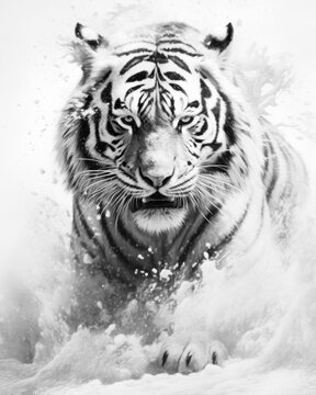 Generated photorealistic image of a wild tiger in the snow in black and white