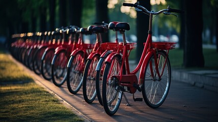 Obraz premium Generative AI, Bike sharing system, many red city bikes parked. Healthy ecology urban transportation. 