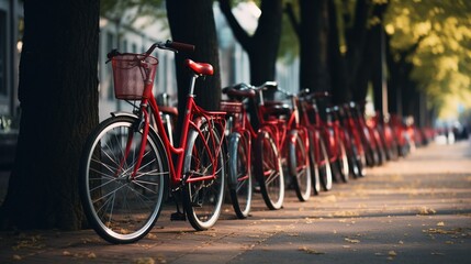 Obraz premium Generative AI, Bike sharing system, many red city bikes parked. Healthy ecology urban transportation. 