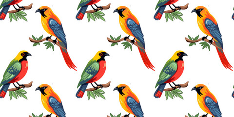 Fototapeta premium Seamless pattern with beautiful and bright tropical birds on a branch on a white background. Vector illustration