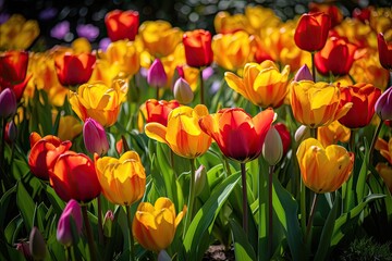 Multicolored tulips in spring garden under sunlight., generative IA
