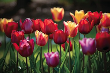 Colorful tulips dance in springtime harmony., generative IA
