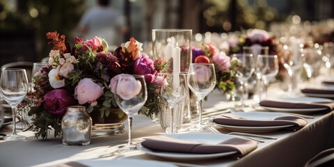 Wedding reception table setting with beautiful flowers , sparkling glassware and dishes, extra wide with copy space