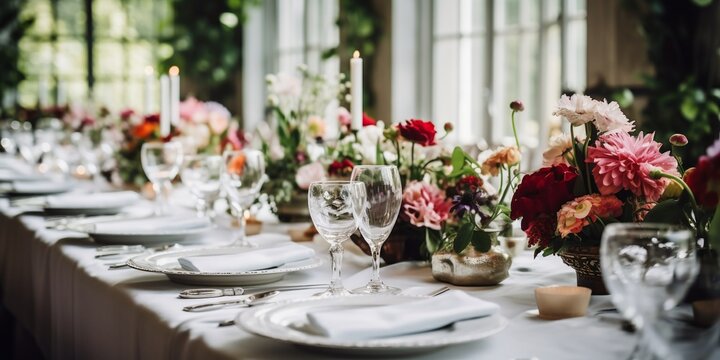 Wedding reception table setting with beautiful flowers , sparkling glassware and dishes, extra wide with copy space