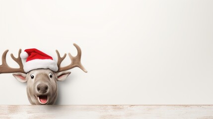 Happy reindeer with santa's hat next to blank wooden frame, copy space, christmas product mockup.