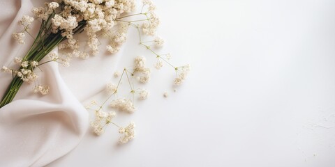 Styled stock photo. Feminine wedding desktop mockup with baby's breath Gypsophila flowers, dry green eucalyptus leaves, satin ribbon and white background. Empty space. Top view. Picture for blog. 