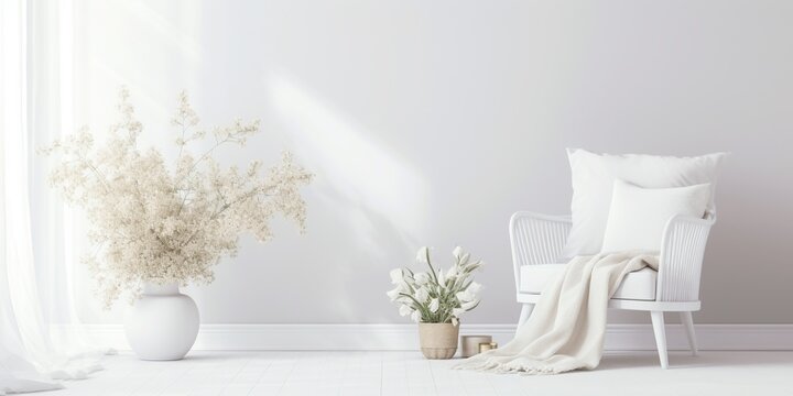 Styled stock photo. Feminine wedding desktop mockup with baby's breath Gypsophila flowers, dry green eucalyptus leaves, satin ribbon and white background. Empty space. Top view. Picture for blog. 