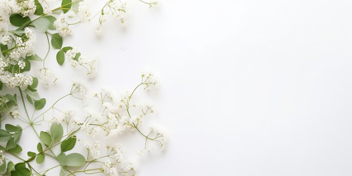Styled stock photo. Feminine wedding desktop mockup with baby's breath Gypsophila flowers, dry green eucalyptus leaves, satin ribbon and white background. Empty space. Top view. Picture for blog. 