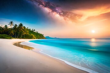 Fototapeta na wymiar Beautiful fantasy tropical beach with Milky Way star in night skies, full moon