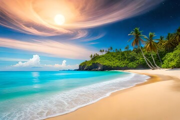 Fototapeta na wymiar Beautiful fantasy tropical beach with Milky Way star in night skies, full moon