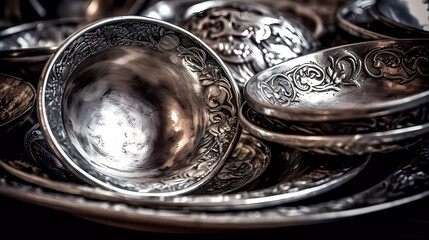 Closeup of vintage silver flat bowls with patterns on dark surface. Generative AI technology.