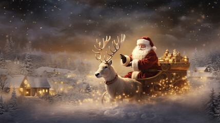 Merry Christmas" - A delightful and festive banner capturing the essence of the holiday season. Set against a winter wonderland backdrop, Santa Claus is seated on his Christmas