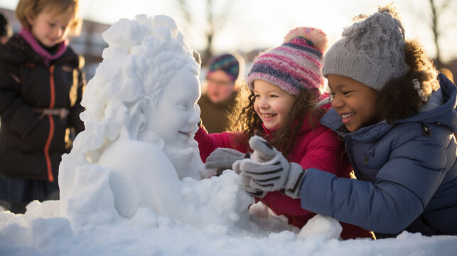Snow Sculptures and Creativity" - Children and adults gather to create colorful snow sculptures, bringing their creative ideas to life.