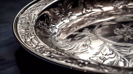 Closeup of vintage silver flat bowls with patterns on dark surface. Generative AI technology.