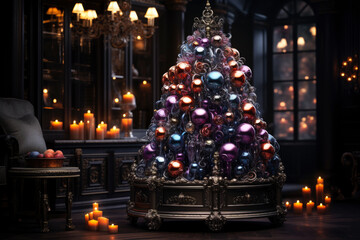 Decorated Christmas tree with colorful balls in a luxurious interior, new year tradition, merry xmas