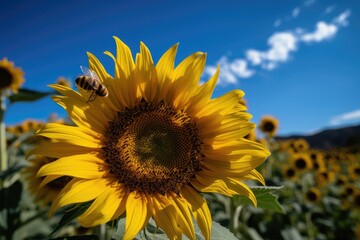 Solitary golden sunflower in sunny field, surrounded by bees., generative IA