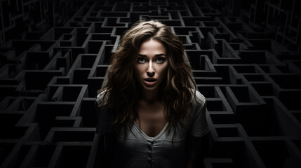 Being lost in a maze shocked face of a woman dark background with a place for text 