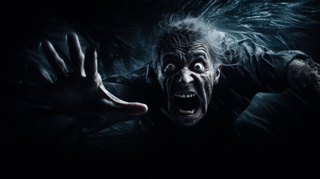 Being chased by a monster shocked face of a person dark background with a place for text photorealism, Halloween 