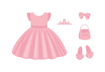 Pink dress, shoes, bow, bag, crown, girl's accessories. Vector flat illustration isolated