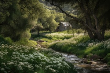 Rosemary bush in bloom next to stream and picturesque barn., generative IA