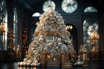 Decorated Christmas tree with golden balls in a luxurious interior, new year tradition, merry xmas